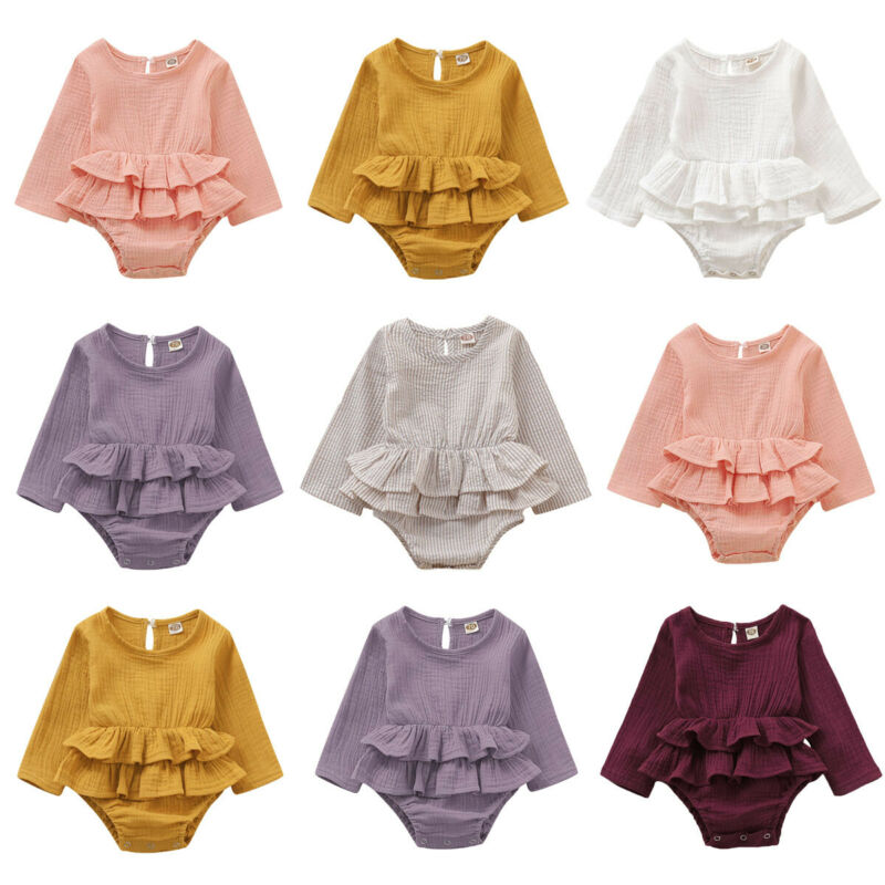 6 Colors Newborn Infant Baby Girl Bodysuits Clothes Long Sleeve Solid Ruffles Dress Cotton&Linen Jumpsuits Outfit