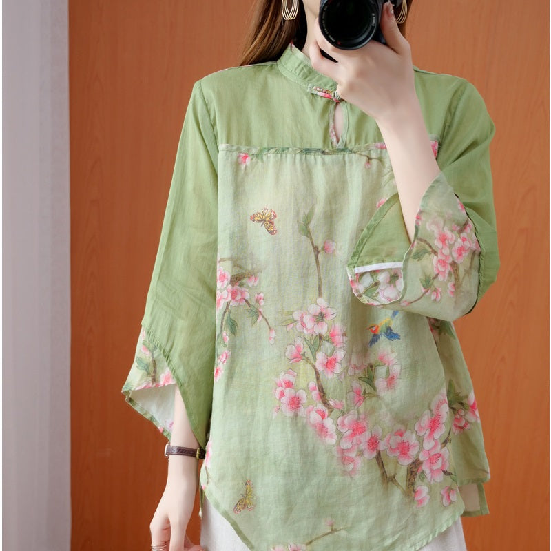 Chinese Style Clothing Women Shirts Stand Collar Casual Blouses 2021 Summer New Loose Vintage Tops Brief Irregular Shirt 12294