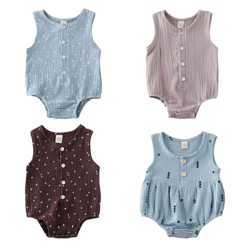 Newborn Infant Baby Girls Boys Bodysuits Clothes Sleeveless Button Print Jumpsuit Bodysuit Outfit 0-12M