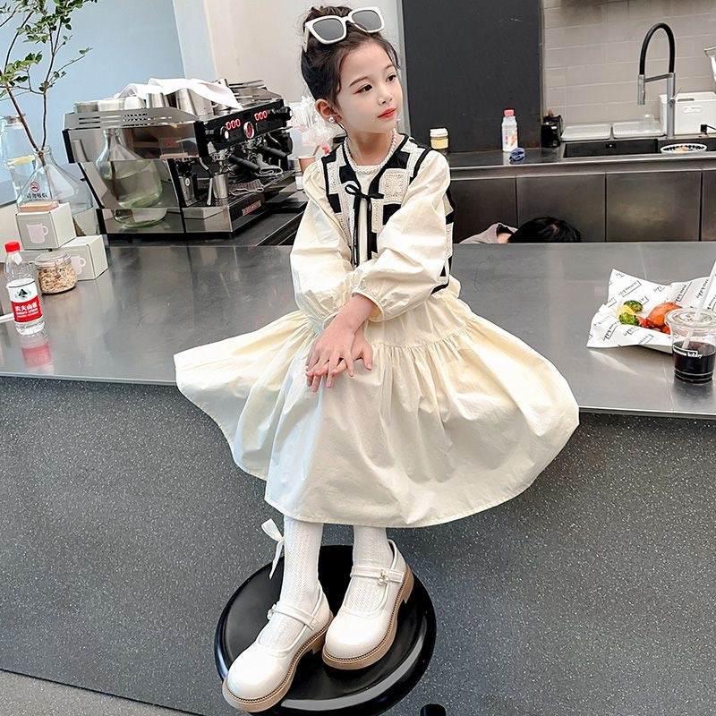 D349 Girls dress 2025 hot style checkerboard cotton princess dress girls French retro bubble two-piece dress