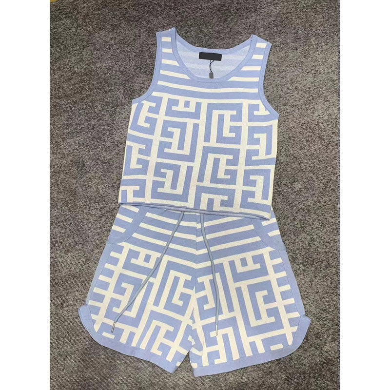 2023 Knitting Crop Top And Plaid Casual O-Neck Sleeveless Tank & Track Drawstring Shorts Two Pieces Set High Stretch Summer 041a