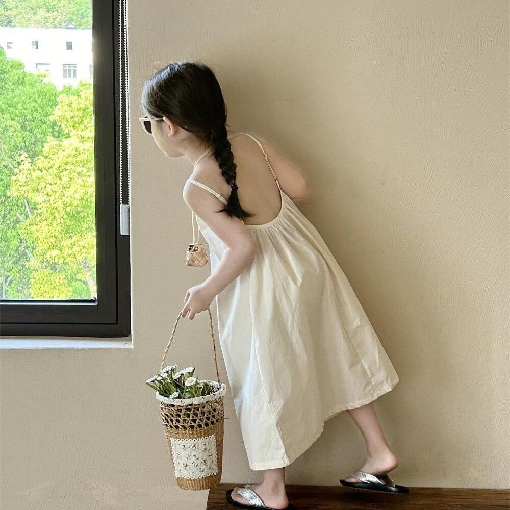 D14 Girls backless sling dress super cute holiday style beach cool dress baby girl sling big skirt dress