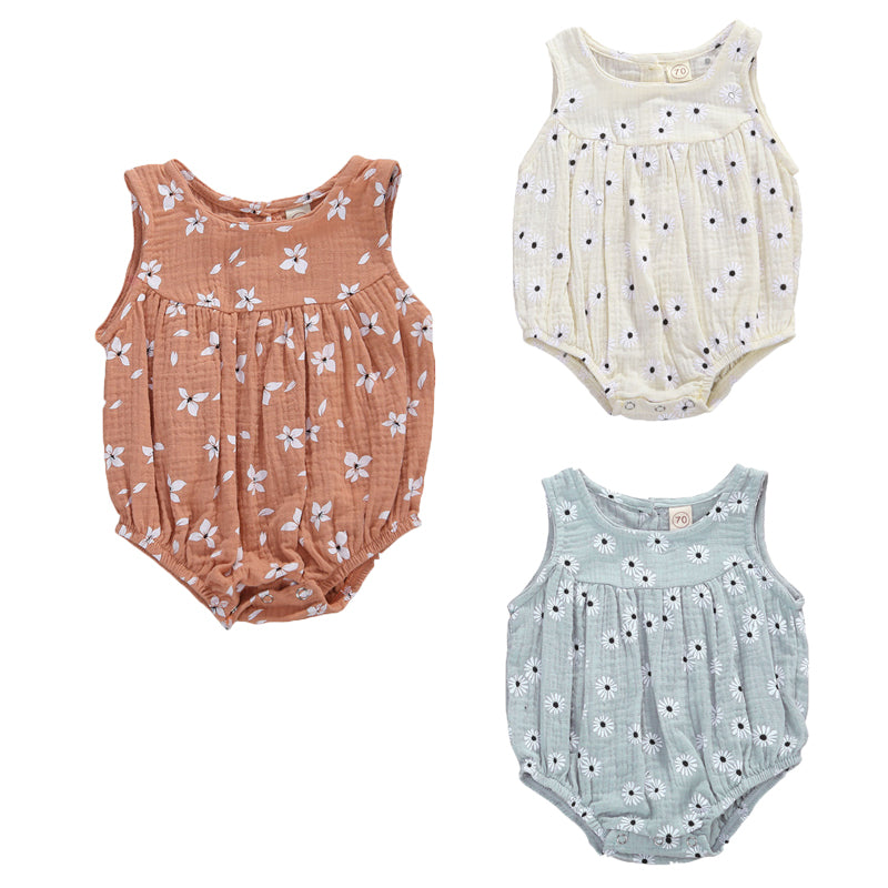 0-18M Newbron Infant Baby Girls Boys Bodysuits Flowers Print Sleeveless Jumpsuits 3 Colors Outfits