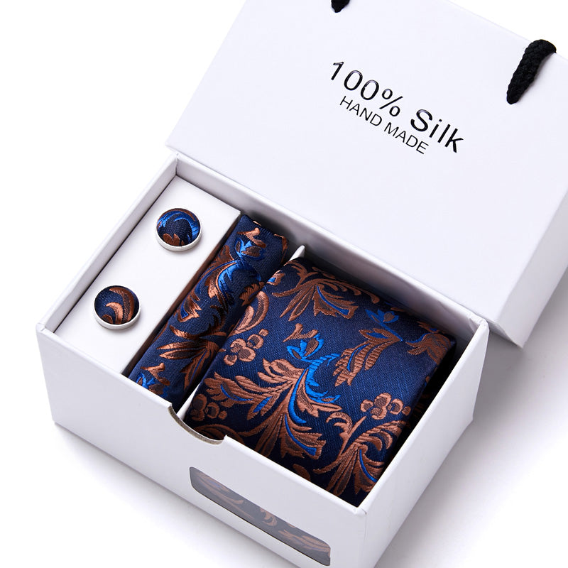 Gift box Office Men Classic Party Wedding striped 7.5cm Silk Wedding Floral Tie Necktie Handkerchief Set
