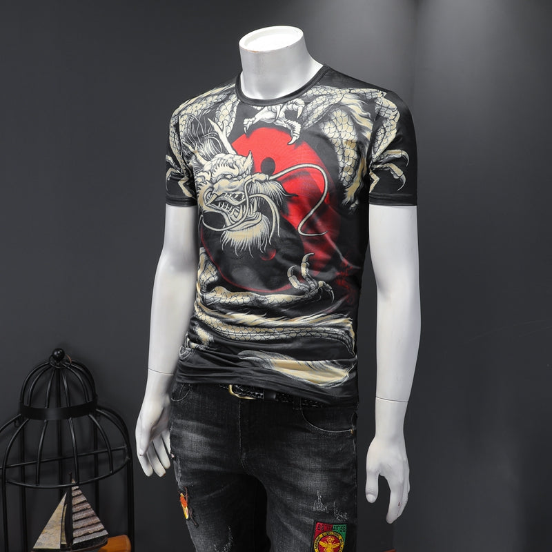 Chinese style men&#039;s short-sleeved T-shirt dragon pattern printed mercerized cotton domineering social youth t-shirt summer tide