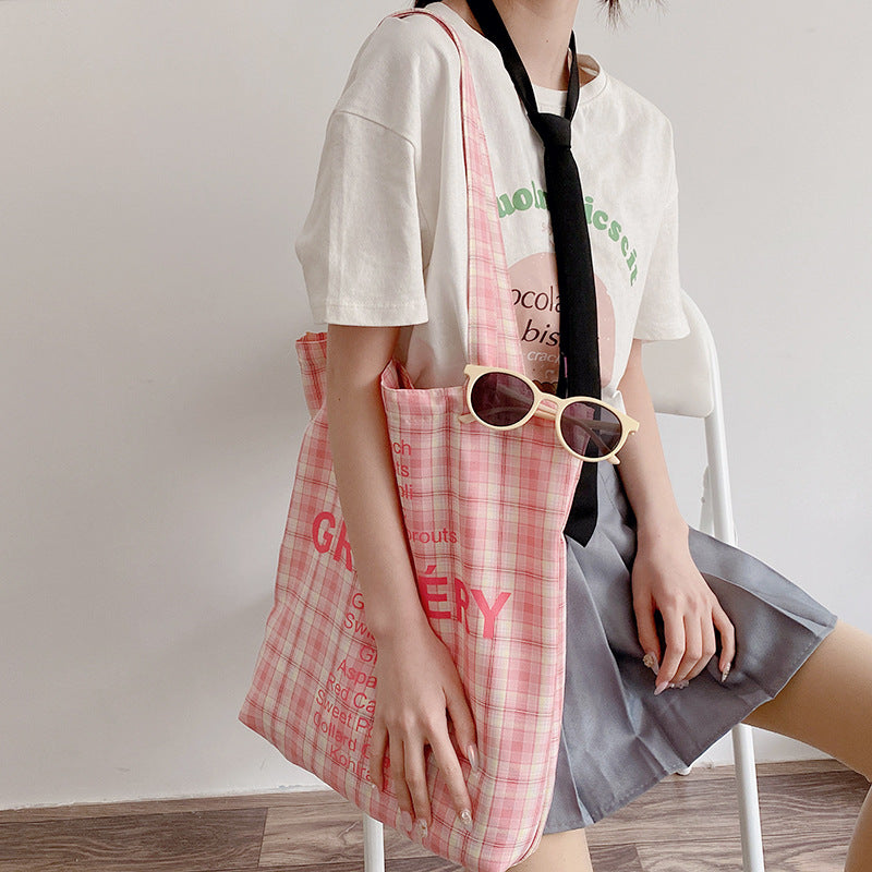 Large Capacity Women Shoulder Bags Sweet Candy Color Student Girls Canvas Shopping Bag Simple Plaid Ladies Casual Tote Handbags