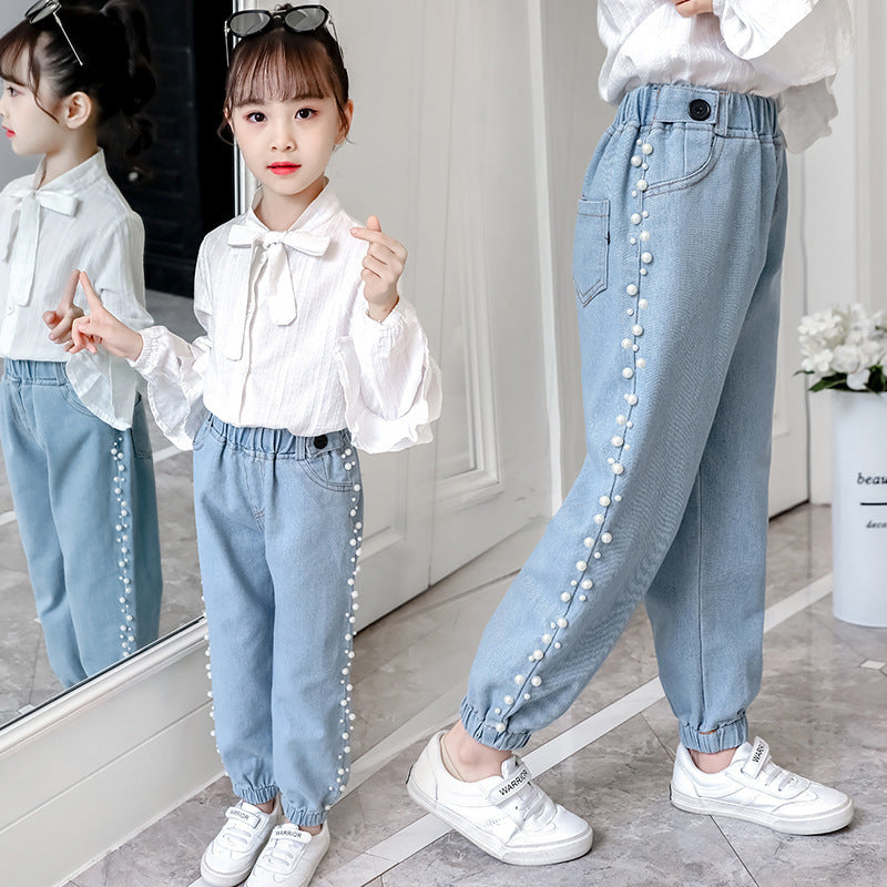 Jeans Girls Autumn Wear Pearl Blue Denim Trousers Beaded Jeans For Baby Girls Children Pants 3 5 6 7 8 9 10 Years Infant Clothes