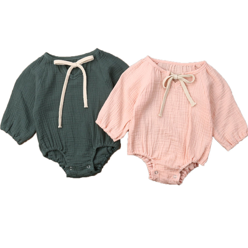 2021 Newly Infant Baby Girl Boy Bodysuits Outfit Clothes Cotton Linen Long Sleeve Bow Solid Bodysuit Jumpsuit
