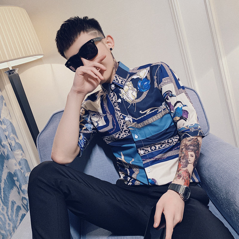 2022 spring and summer tops British embroidery men&#039;s casual shirts Korean version trend youth slim retro printed short-sleeved shirts