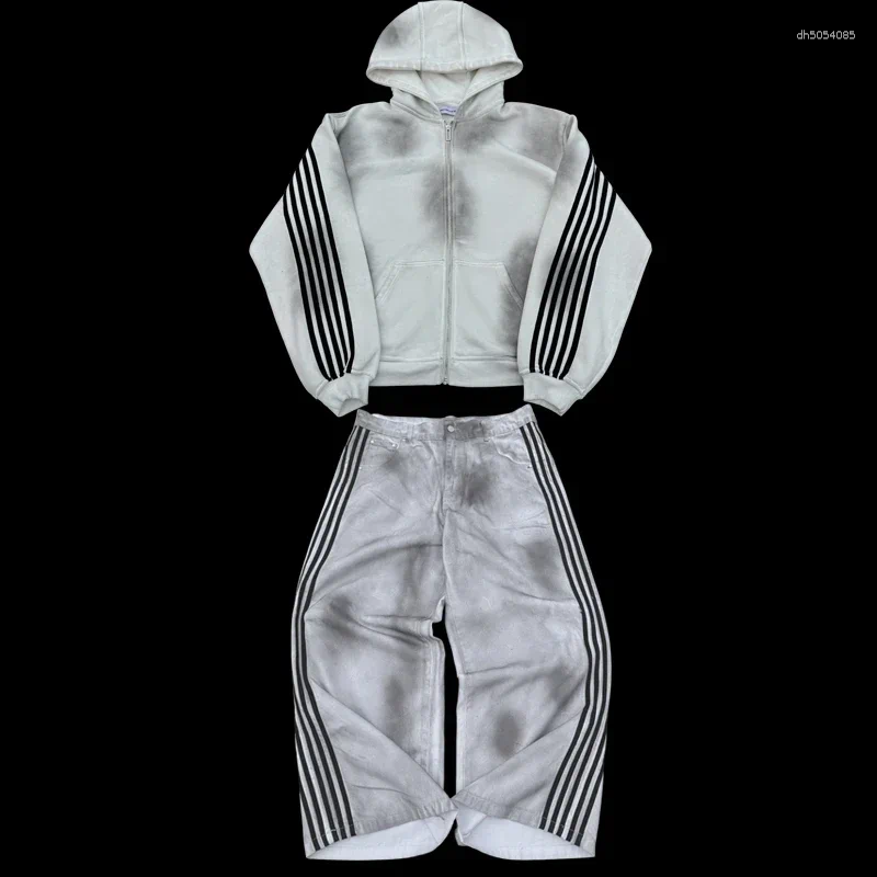Men&#039;s Tracksuits Embroidered Dirty Line Set Men Women Vintage Harajuku Oversized Zip Up Hoodie Gothic Baggy Trendy Denim Wide Leg Pants