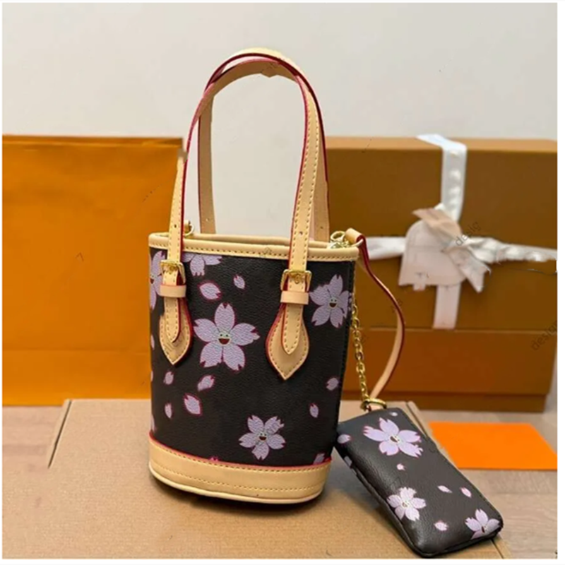Womens cherry blossom crossbody bags designer bag bucket genuine leather shoulder Bag brown women handbag fashion purse wallet 10A high quality