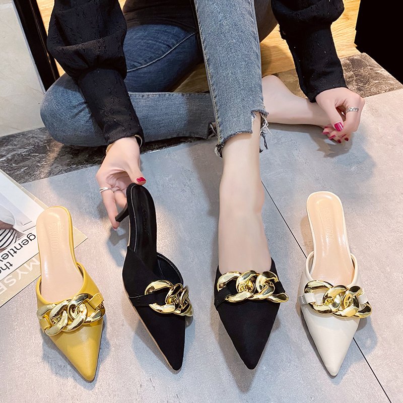 2021 Fashion Women High Heels Personalized Chain Design Stiletto Pointed Office Flat Shoes Solid Color Muller Shoes Women Shoes