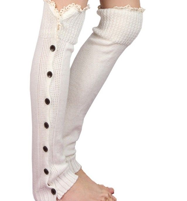 Long solid button down Lace Knitted Leg Warmers Boot Stocking Socks Boot Covers Leggings Tight #3478