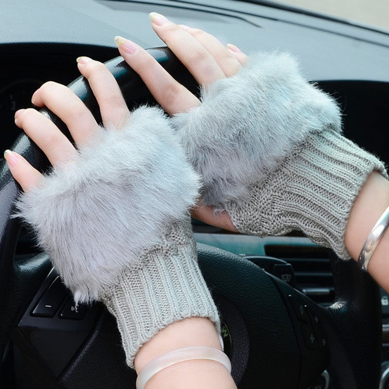 Winter Women Gloves Plush Faux Fur Knitting Wool Keep Warm Fashion Short Mitten Fingerless Lady Girl Half Finger Glove