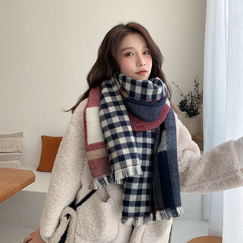 New No. 375 Winter Women&#039;s Korean Style Double-sided Plaid Oversized Shawl Outerwear Thickened Dual-purpose Scarf Cape Warm