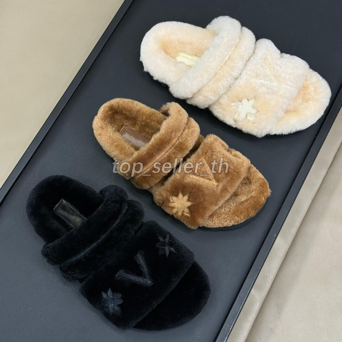 Fur Sunset Sandal Designer Women Slippers Flat Fur Slides Warm Comfort Fuzzy Sandals Double Band Print Embossing Floral Slide Winter Slippers size35