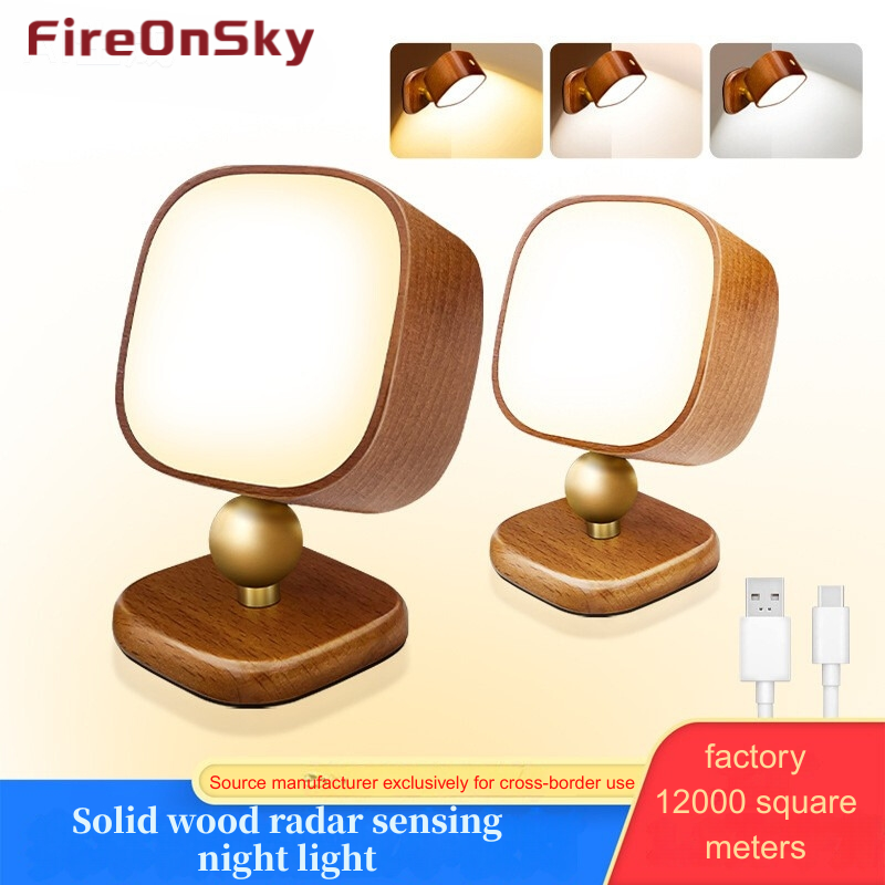 Walnut Ash Wood Radar Sensor Night Light, USB Rechargeable Touch Control Dimmable Bedside Lamp, Eye-Caring Solid Wood Nightlight for Bedroom Nursery