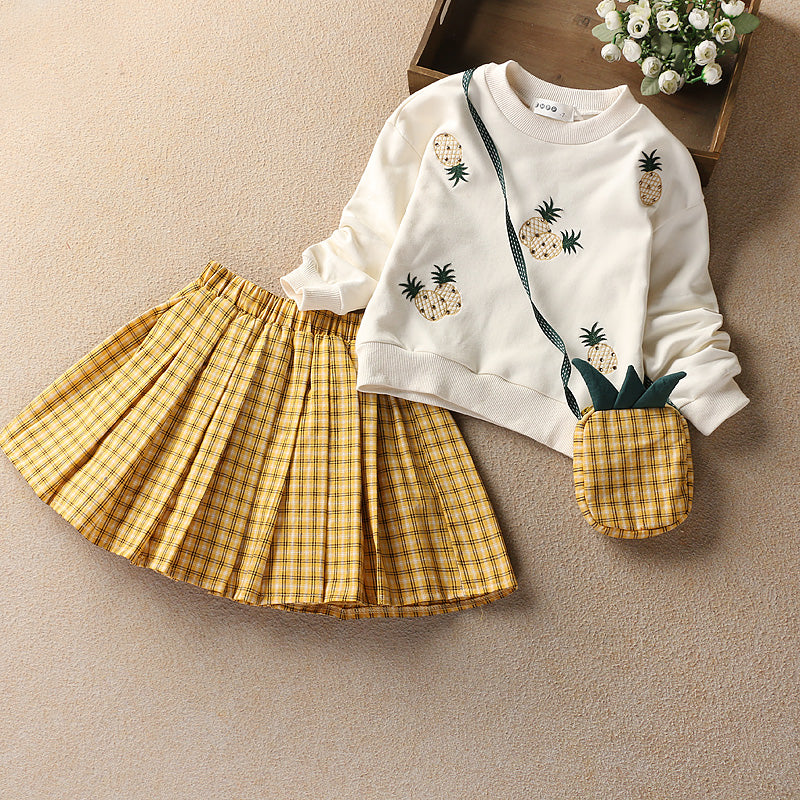 Quality Clothing Girls Short Skirts Sets Plaid Skirt Cartoon Fruit Embroidered O-neck 2Pcs Clothes Set Outfits Long Sleeve Suit