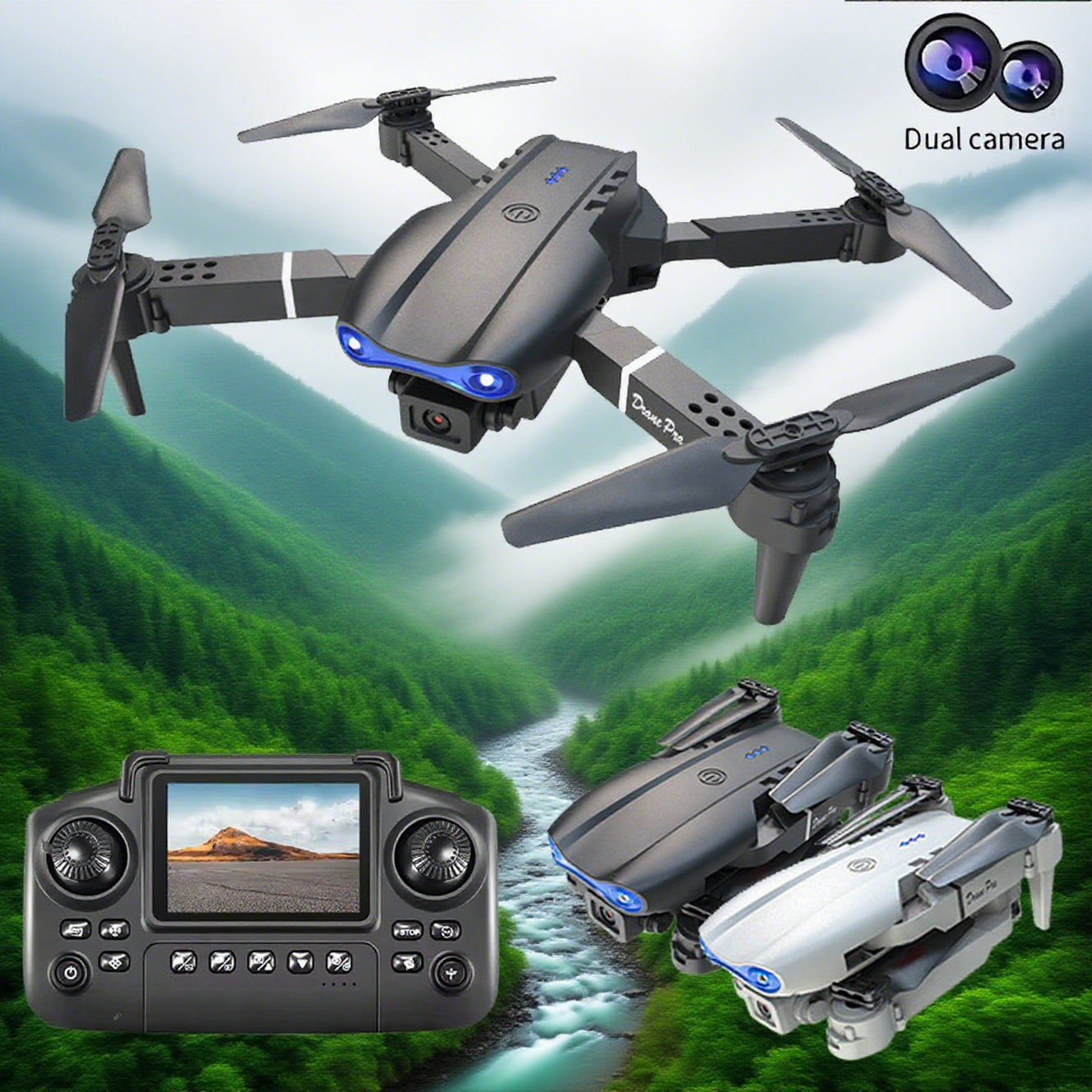 E99 Screen Remote Drone HD Dual Cameras Real Time Transmission One Click Gesture Control Foldable WiFi Shockproof Travel Vlog Gadget Cool Gift for B