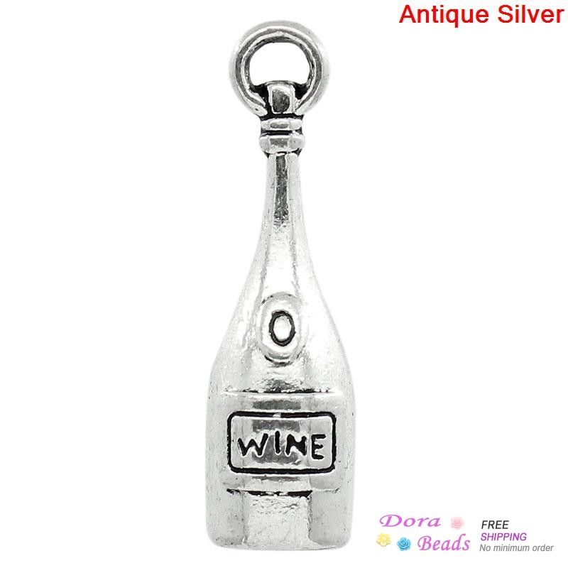Charms Charm Pendants Wine Bottle Antique Silver &quot;Wine&quot; Carved 27.5x8mm,20PCs (K10049) Jewery Making Diy