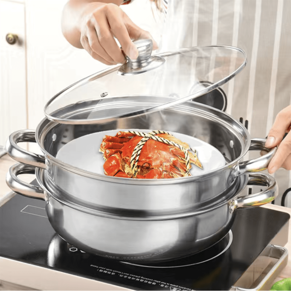 Steamer Pot for Cooking 11 inch Steamer Pot 2-tier Multipurpose 18-10 Stainless Steel Steam Pot Cookware with Lid for Vegetable, Dumpling, Stock, Sa
