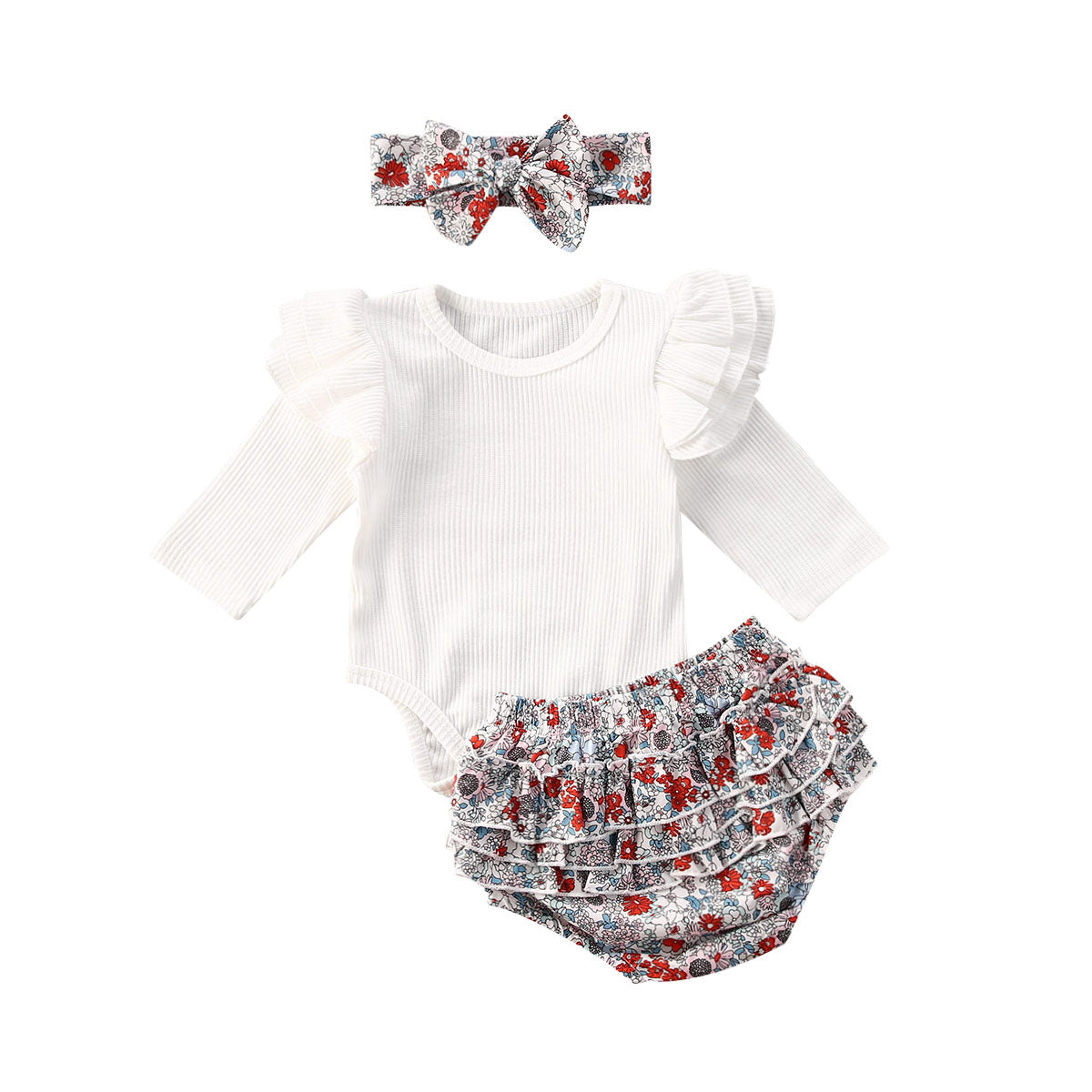 0-24M Newborn Infant Baby Girls Boys Clothes Sets Flowers Print White Long Sleeve Romper Tops+Shorts Headband