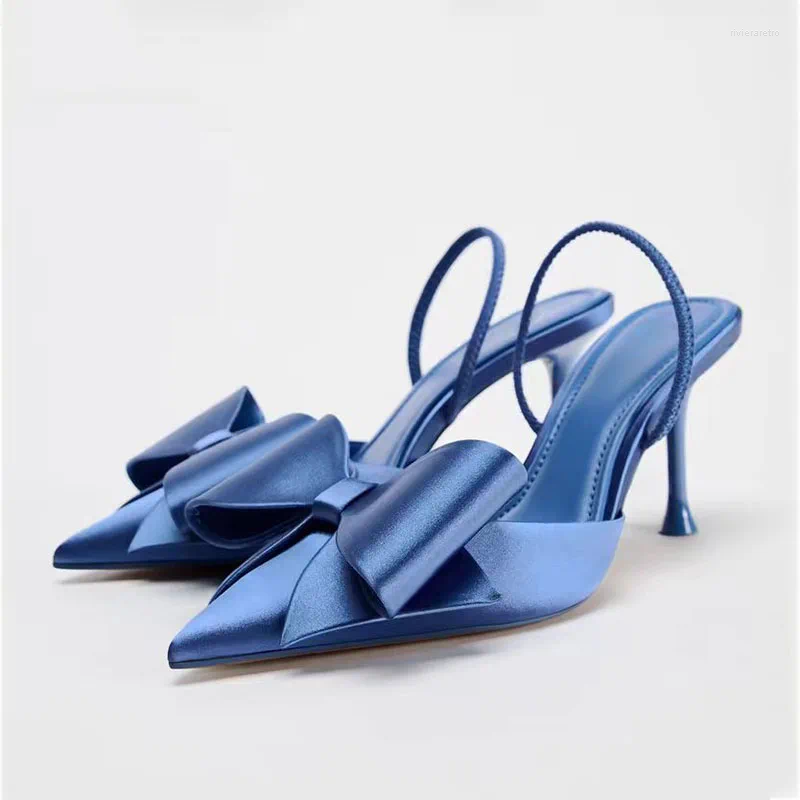 Dress Shoes TRAF French Retro Blue Bow High Heels Point Head Stilettos Sgbacks For Woman Women Elegant Satin Fabric Sandals