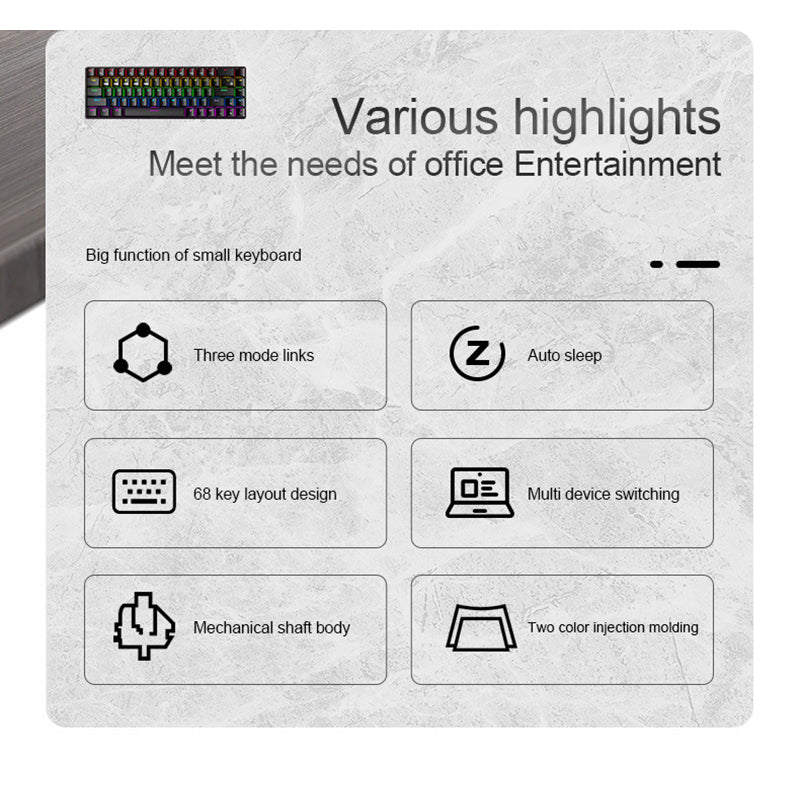 RF68 68 Keys Mechanical Keyboard Rainbow-Blue-White Backlight Type-C-BT5.0-2.4GHz Wireless Gaming Keyboards For iPad Desktop