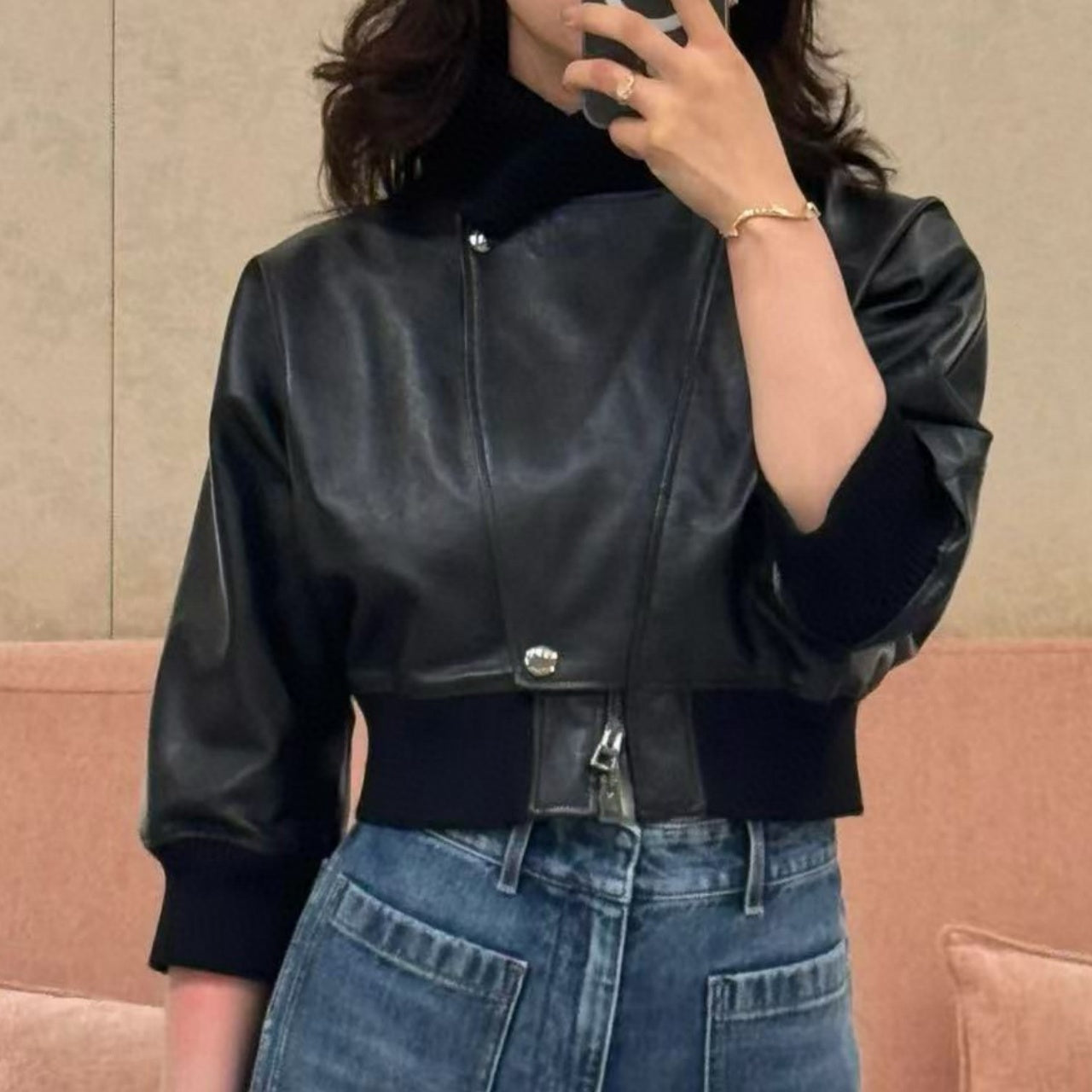 (Order by pic in opt, not by desc)Women&#039;s Cropped 3-4 Sleeve Lambskin Leather Jacket - Soft Genuine Sheepskin Outerwear