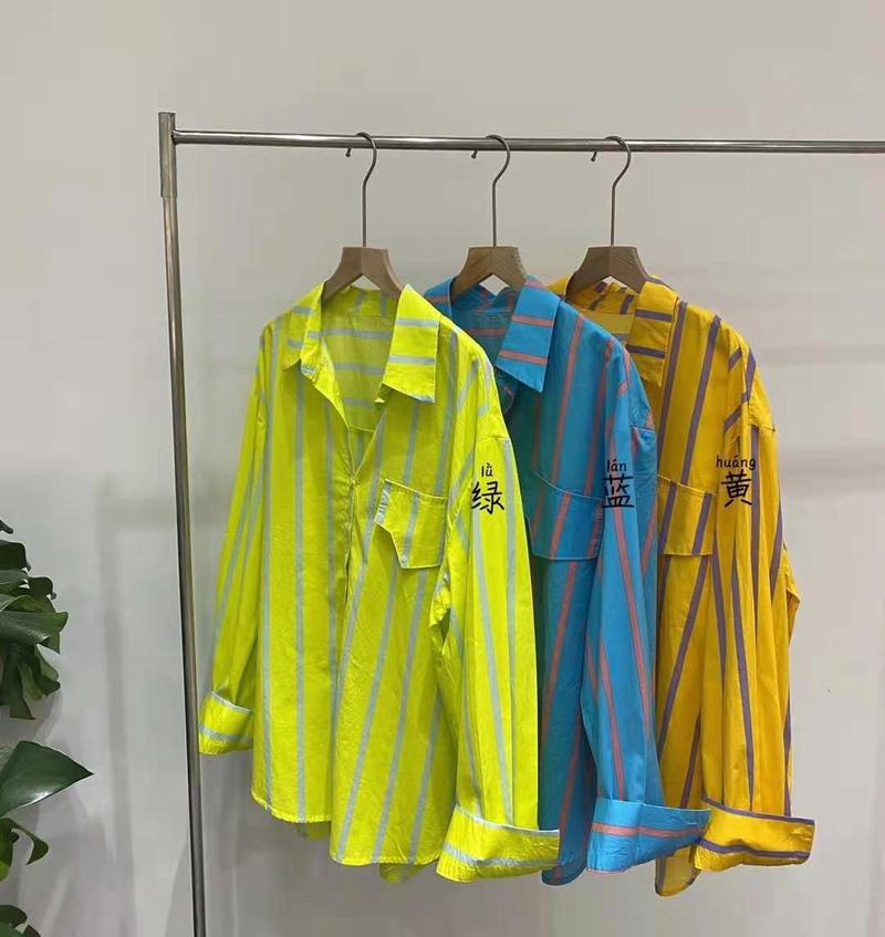 AYA-TT 2021 New Spring and Autumn Womens Clothing Shirt Candy Color Simple Single Pocket Vertical Stripe Shirt Women