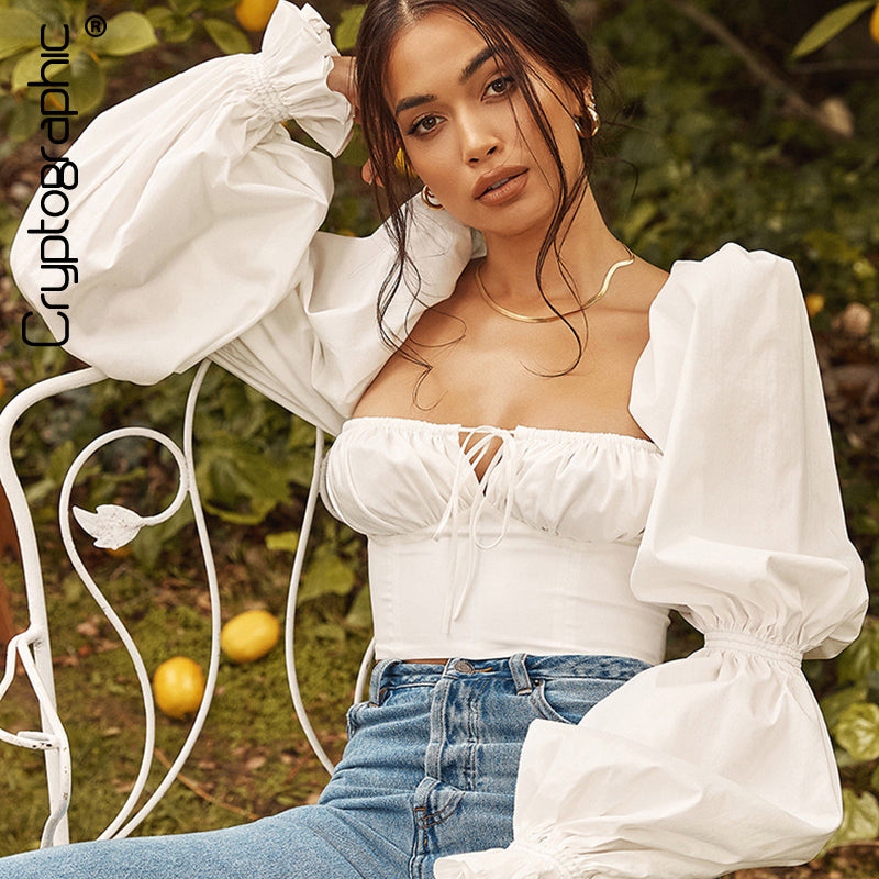 Elegant Square Collar Puff Sleeve Vintage Top and Blouses Women Summer Shirts Cropped Short Tie Front Tops Clotheshigh quality