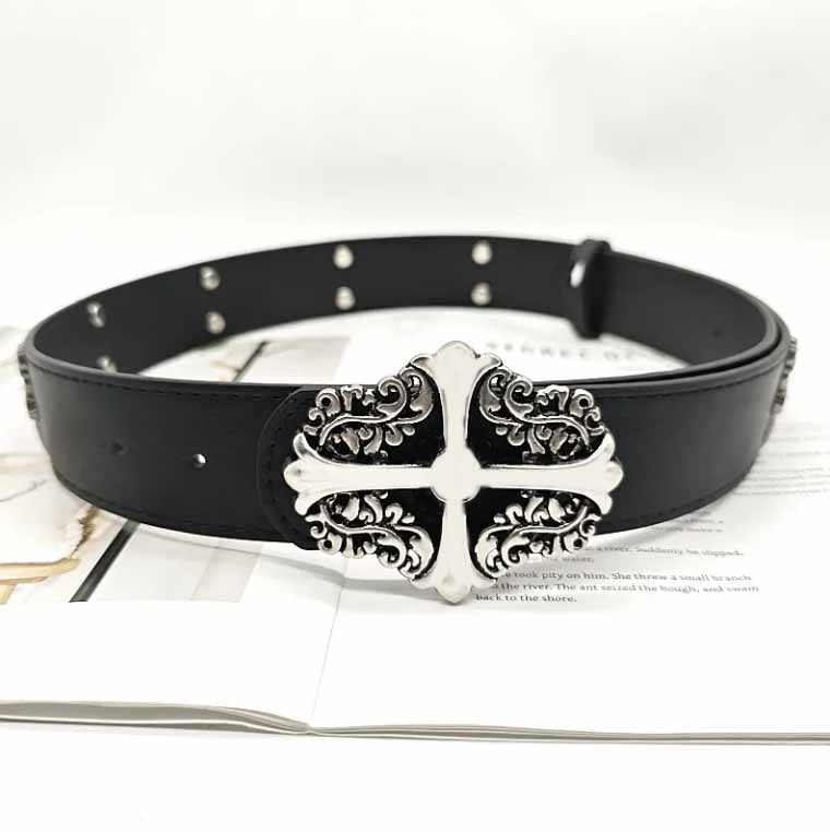 Men&#039;s chorme belt Women&#039;s embossed hollow belt buckle head to make old pin buckle style leather belt Western cowboy belt