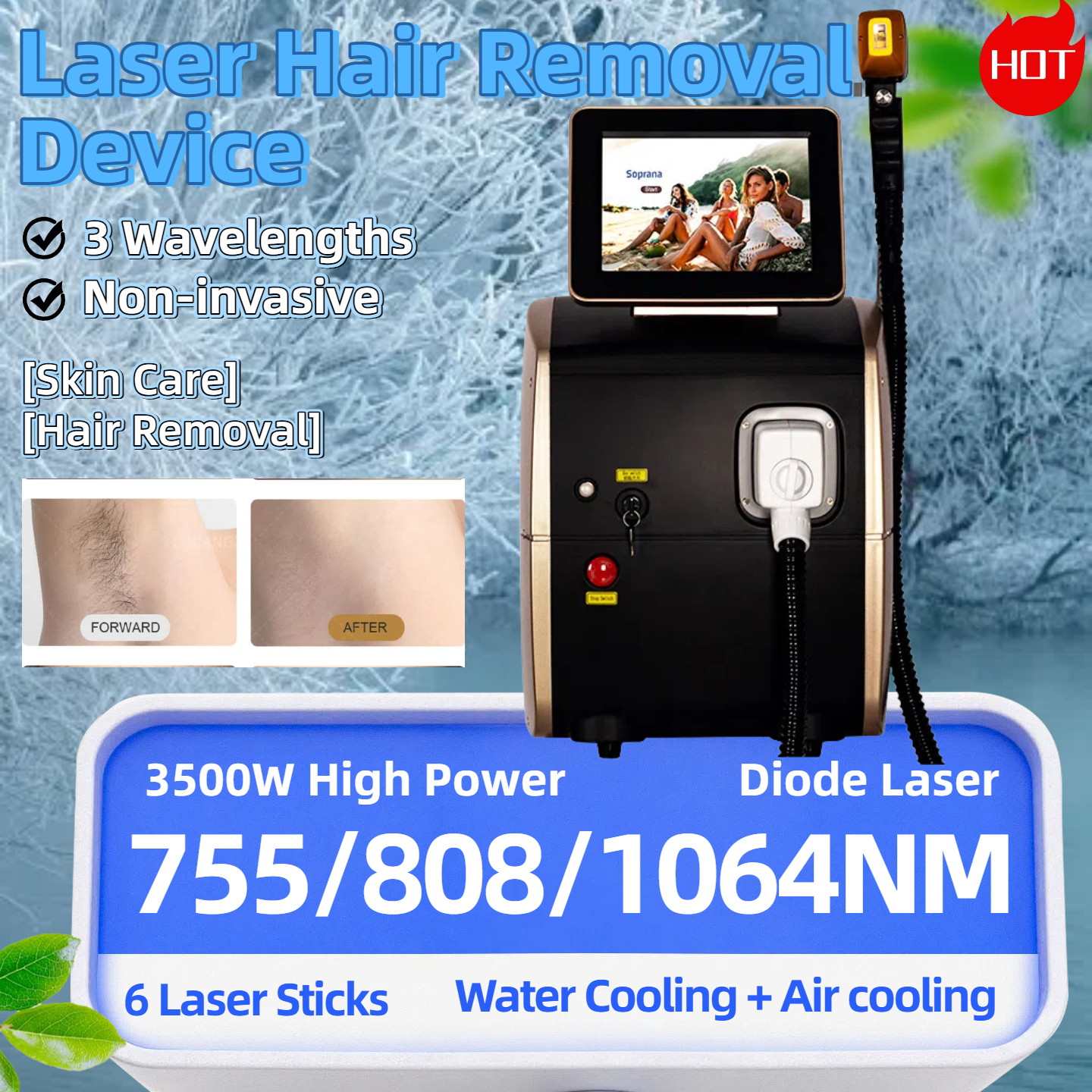 Portable Professional Diode Ice Titanium Laser Body Hair Removal Machine 808nm 755nm 1064nm Alexandrite Equipment 3-Wave Permanent