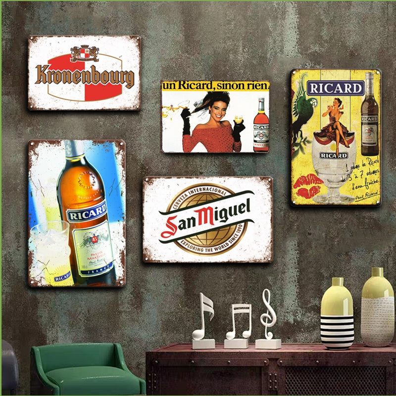 Vintage Ricard Metal Poster Tin Sign Beer Wall Sticker Decorative plaques Retro Irish Pub Bar Kitchen Wall Home Decor Plates