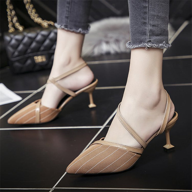 Womens shoes new Korean style pointed toe cat heel single shoes Baotou small fresh stiletto high heel sandals1