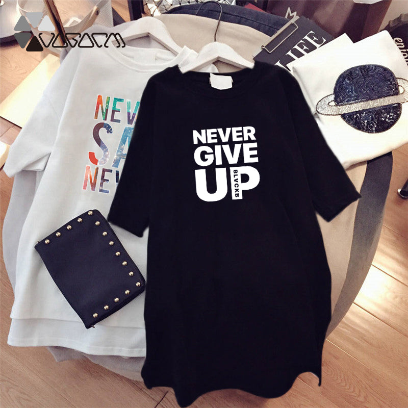 Women Dresses NEVER Series Letter Plus Size Black Mini Dress Loose Summer Long T Shirt Casual Clothes Femme Tops White Sukienka