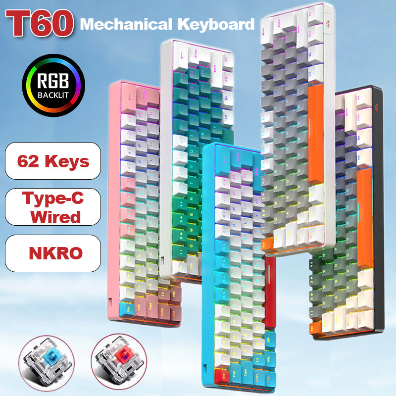 T60 Russian-En Mini Gaming Mechanical Keyboard 62 Keys RGB Type-C Wired Gaming Keyboard NKRO 60% Ergonomics Keyboards For Gamer