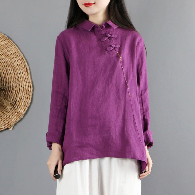Chinese Style Clothing Women Shirts Cotton Linen Vintage Blouses 2021 Autumn New Long Sleeve Shirts Ladies Chinese Tops 12185