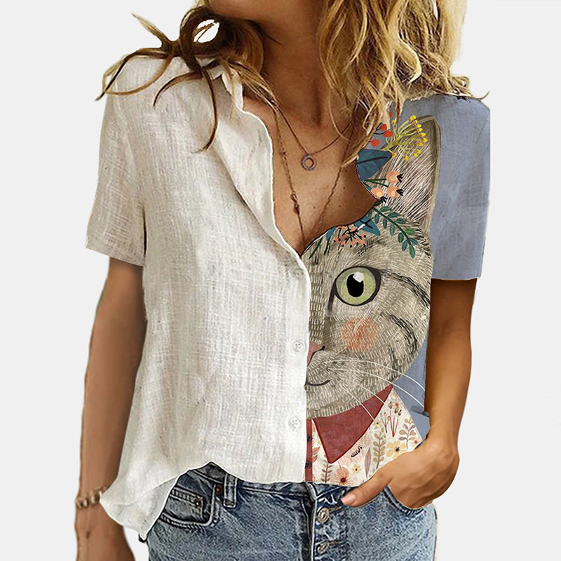 Vintage Women Patchwork Button Short Sleeve Blouse Summer Casual Loose Office Shirt Femme Plus Size 3XL Cats Printed Shirt Blusa
