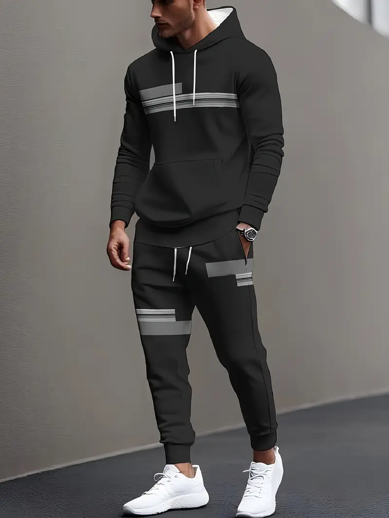 Men&#039;s Stripe Print Two Piece Cotton Tracksuit - Comfortable Hooded Jacket & Pants Set 2-3-2
