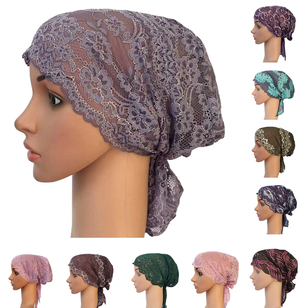 Women Muslim Turban Inner Cap Arab Lace Islamic Headwear Chemo Hat Wraps Cover Beanie Flower Hair Loss Cap Soft Long Tail Bonnet