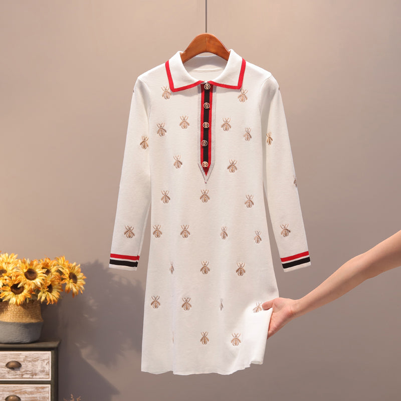 2021New Fashion Golden Bees Embroidery Knitting Dress Women Autumn Winter Turn-Down Collar Simple Runway Knit Slim Dress