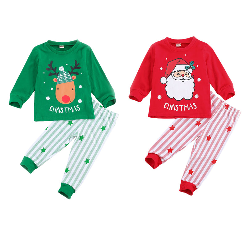 Xmas Infant Kids Boys Girls Pajama Sets Cartoon Print Long Sleeve Pullover Tops Striped Pants Sleepwear