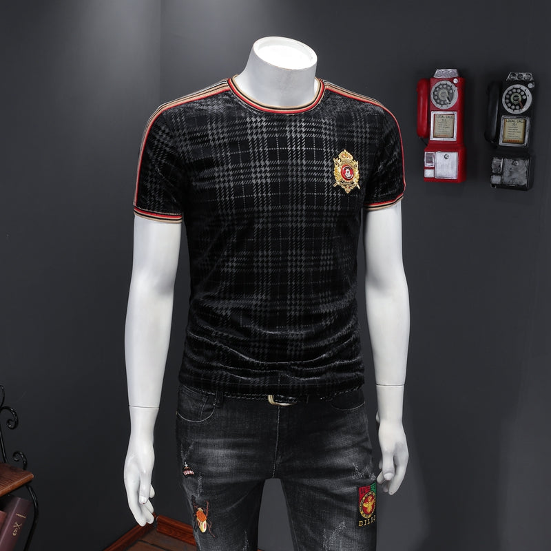 Summer Cotton Short Sleeve Top Men&#039;s Round Neck T Shirt Black Embroidered Youth Print Slim Fit Bottoming Shirt Asia Size S-4XL