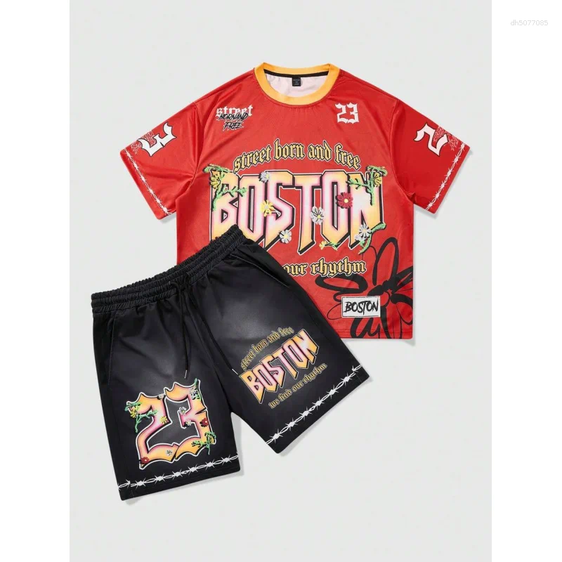 Men&#039;s Tracksuits MEN Prep 2pcs-Set Street Graphic Print Short Sleeve T-Shirts Suitable For Everyday Wear In Spring-Summer