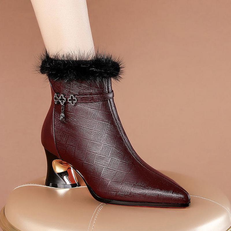 Boots FHANCHU Women Leather Short Boots,2022 Winter Shoes, Ankle Botas,Pointed Toe, Side Zip,Black,Wine-red,,Drop