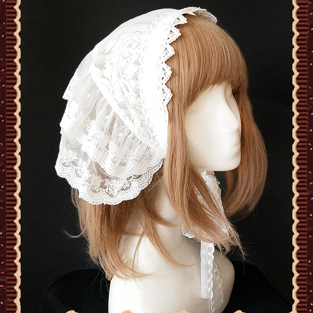 Sugar and Mucha White Lolita Head Scarf Ruffled Hair Wrap by Infanta