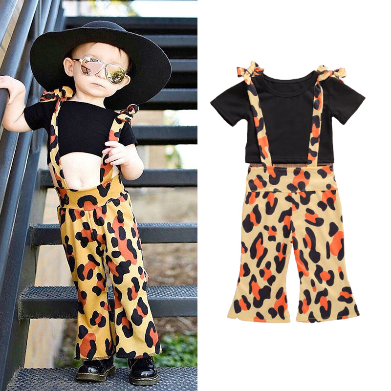 1-6Y Summer Infant Baby Girls Clothes Sets Short Sleeve Black T Shirts Tops+Leopard Print Overalls Pants
