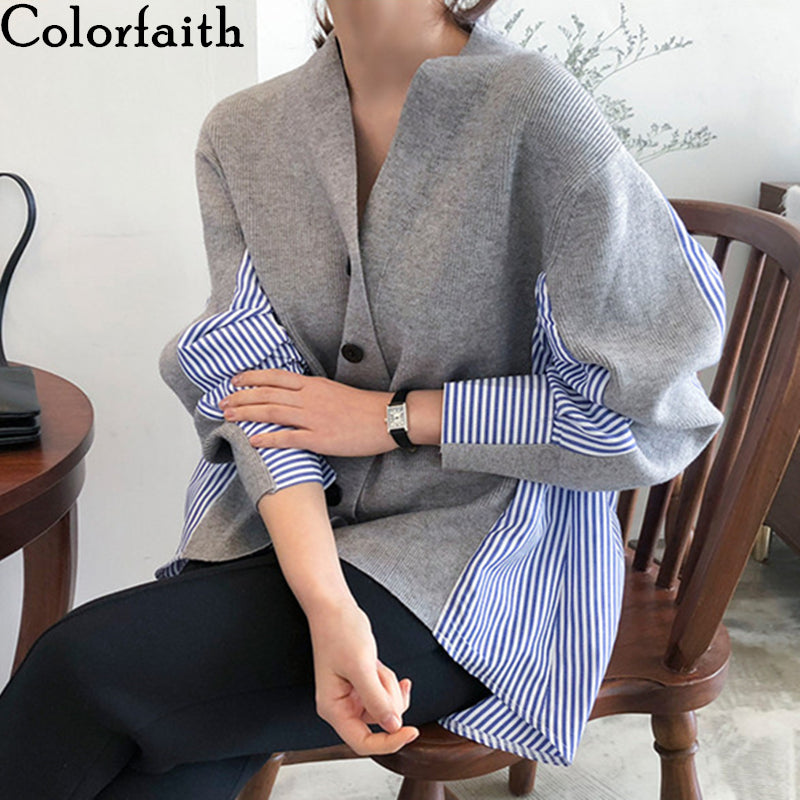Colorfaith 2021 Spring Womens Sweaters Patchwork Srtiped Knitting V-Neck Stylish Knitted Button Cardigans Loose Tops SWC1816