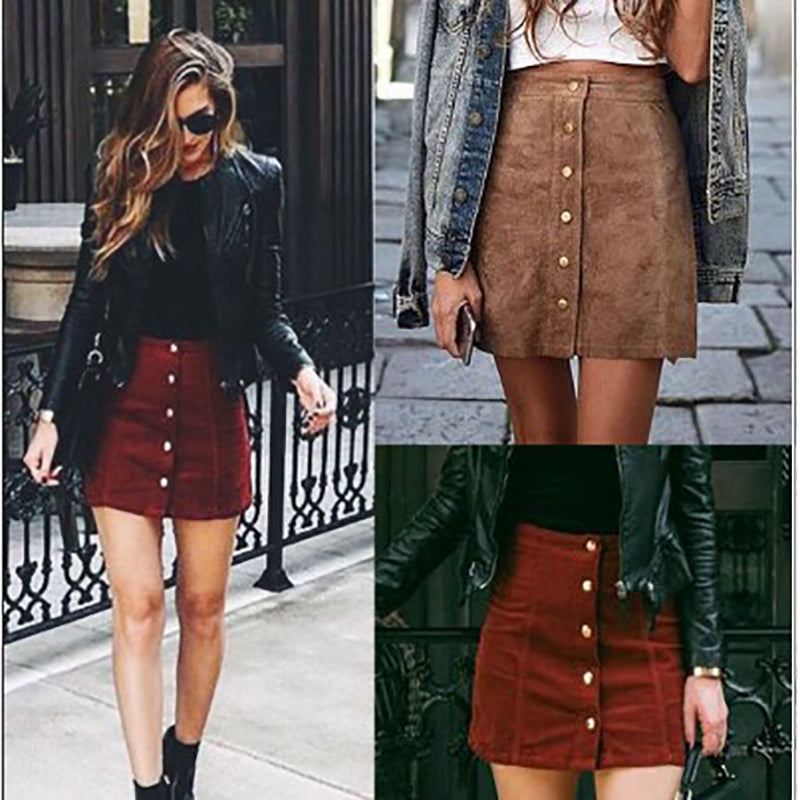 Blackday Hot Sale Women Fashion Elegant Autumn High Waist Skirt Single Breasted Solid Thin A-line Suede Mini Skirts 2 Styles